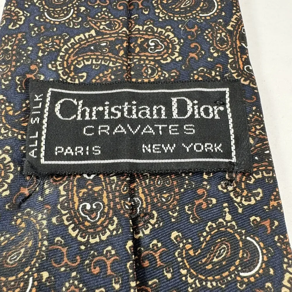 Christian Dior Monsieur Mens Navy Blue Gold Paisley Silk Necktie‎ Vintage France